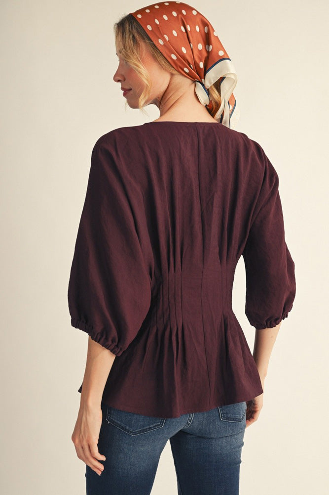 Drop Shoulder 3/4 Sleeve Button Down Top in Red Bean by Jodifl