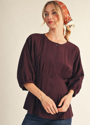 Drop Shoulder 3/4 Sleeve Button Down Top in Red Bean by Jodifl
