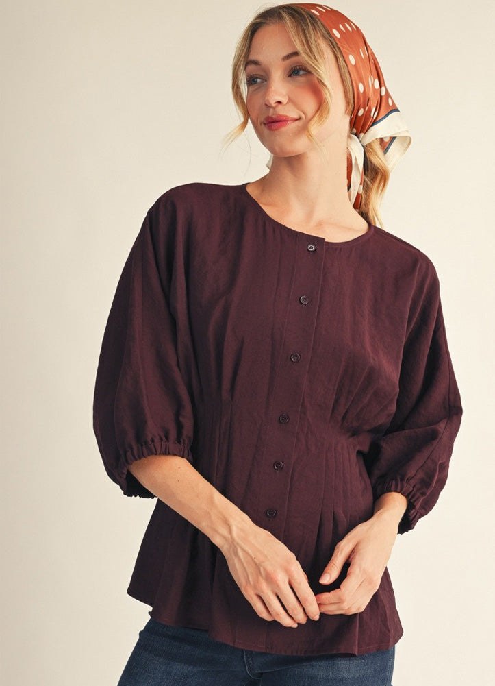 Drop Shoulder 3/4 Sleeve Button Down Top in Red Bean by Jodifl
