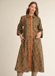 3/4 Sleeve Button Down Floral Midi Dress in Olive/Toffee by Jodifl