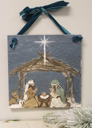 Textured Paper Wall Sign with Velvet Ribbon Teal Nativity by Trade Cie