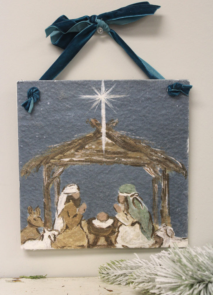Textured Paper Wall Sign with Velvet Ribbon Teal Nativity by Trade Cie