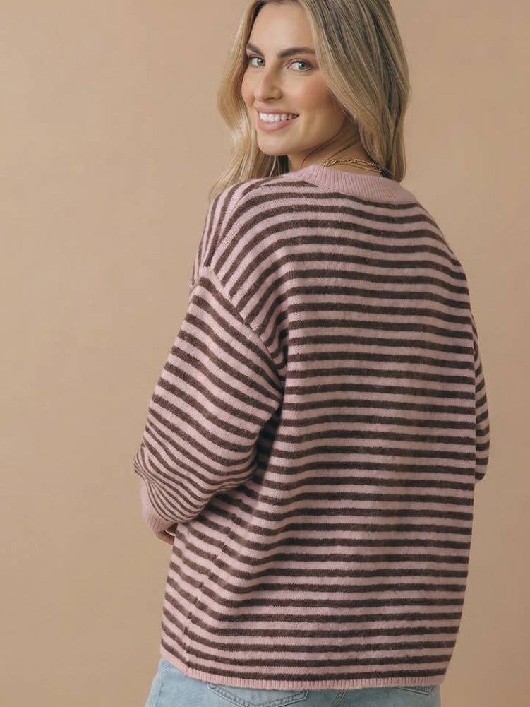 Striped Knit LS Button Up Cardigan in Pink/Sepia by Haptics