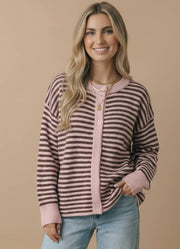 Striped Knit LS Button Up Cardigan in Pink/Sepia by Haptics