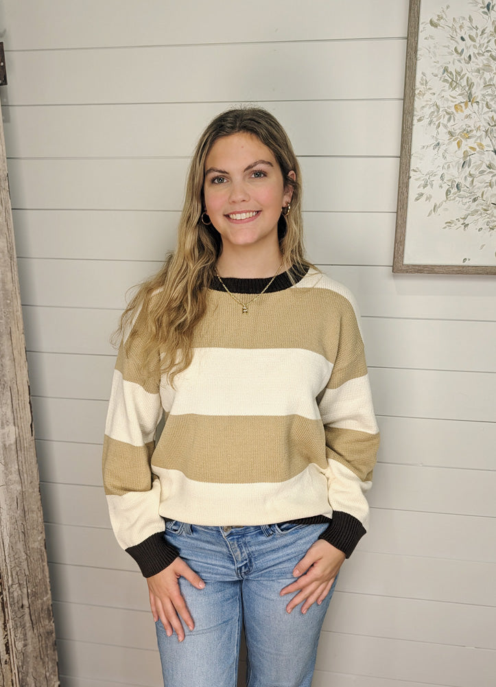 Oversized Stripe Colorblock LS Sweater in Taupe by Haptics