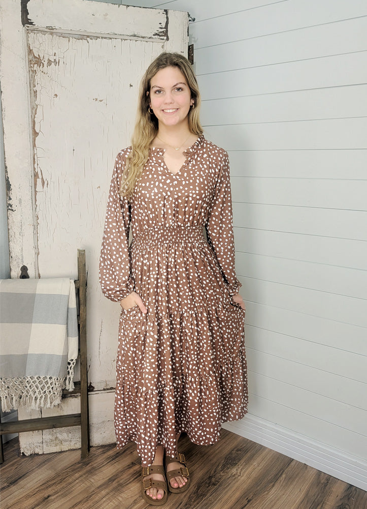 Frilled Notch Neck LS Midi Dress in Caramel by Haptics