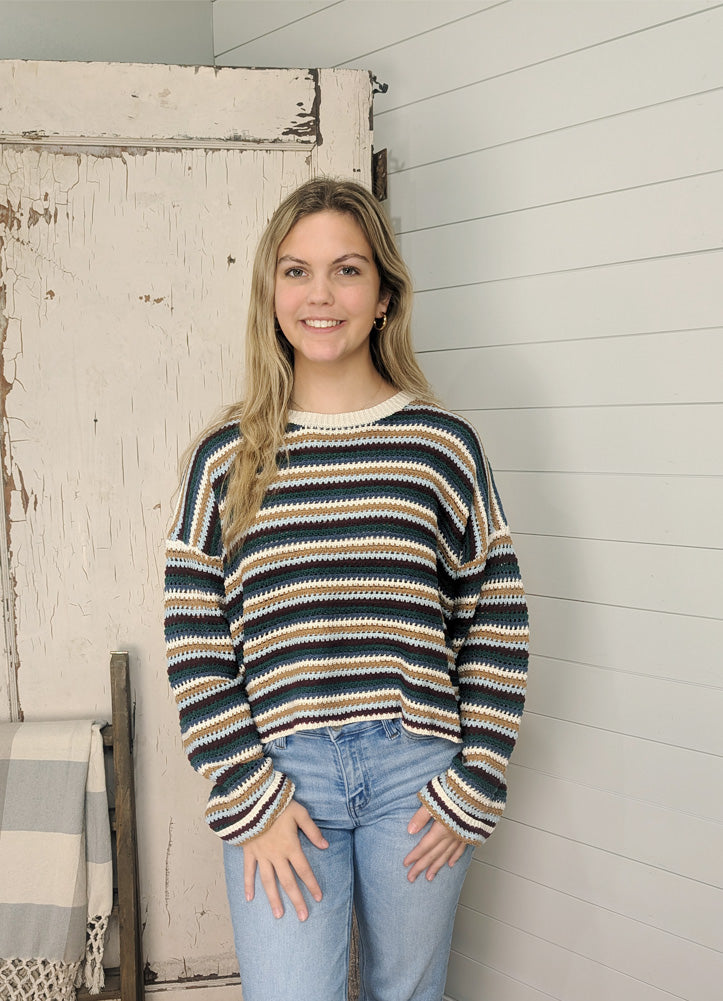 Stripe Boat Neck Sweater in Brown Combo by Hyfve