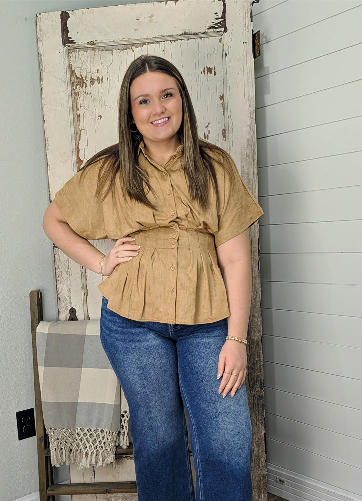Suede Button Down Blouse in Camel by Hyfve