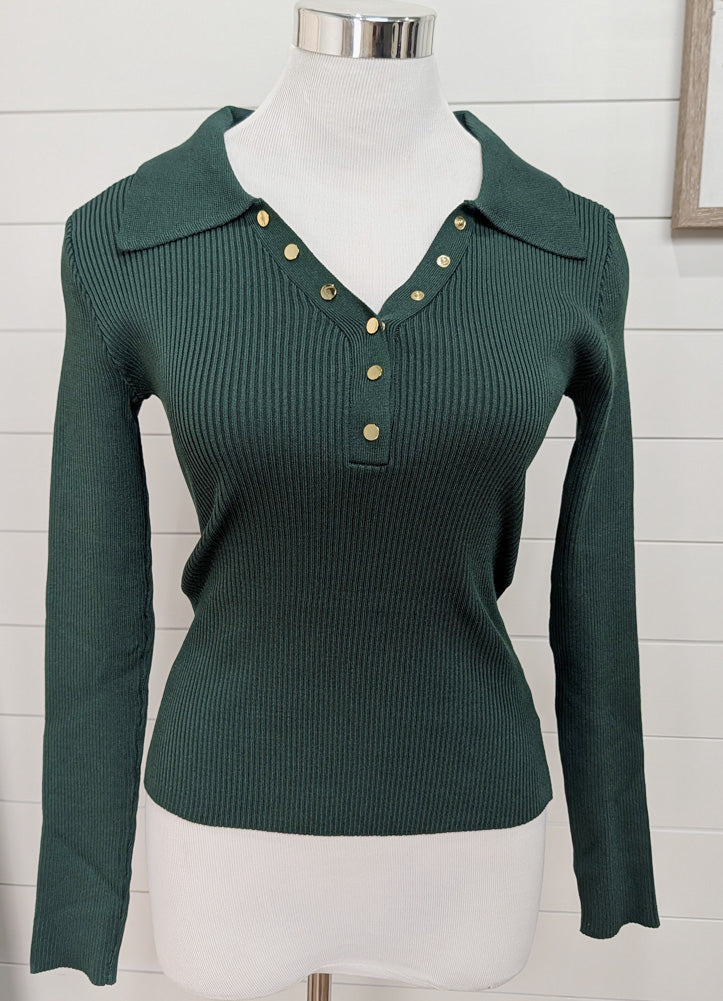 Ribbed V Neck Sweater with Collar in Dark Green by Hyfve