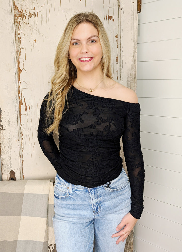 Textured Mesh Off Shoulder Top in Black by Hyfve
