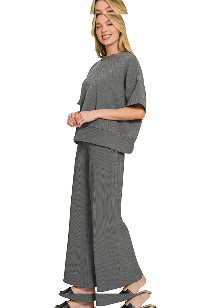 Ribbed Round Neck Tee & Pants Set in Ash Grey by Zenana