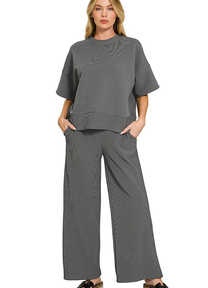 Ribbed Round Neck Tee & Pants Set in Ash Grey by Zenana