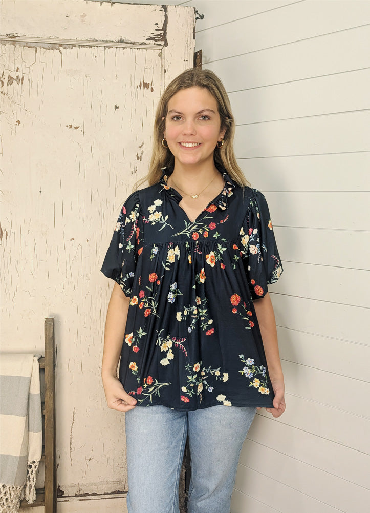 Notch Neck Ruffle Detail Short Puff Sleeve Top in Navy by Haptics