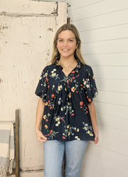 Notch Neck Ruffle Detail Short Puff Sleeve Top in Navy by Haptics