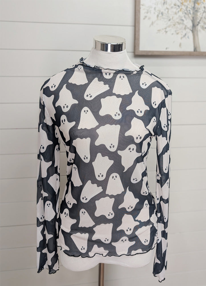 High Neck LS Mesh Ghost Print Top in Black by Haptics