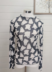High Neck LS Mesh Ghost Print Top in Black by Haptics