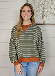 Striped Oversized Crew Neck Pullover in Olive/Rust by Haptics