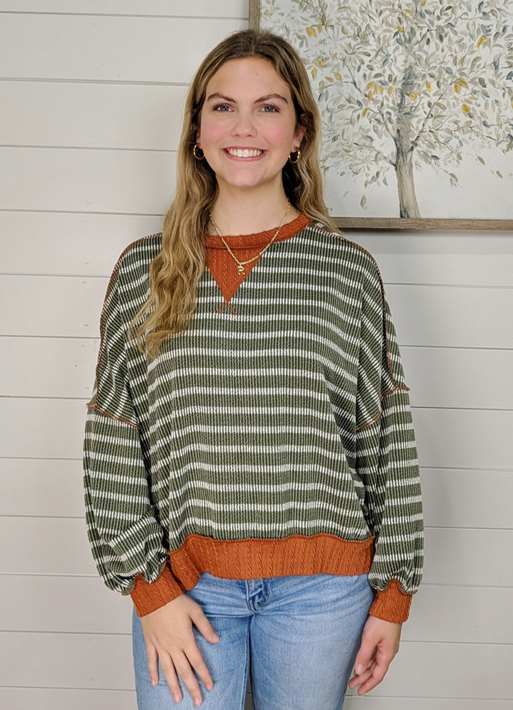 Striped Oversized Crew Neck Pullover in Olive/Rust by Haptics