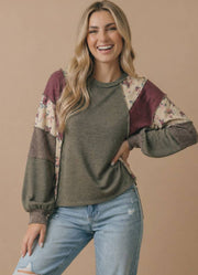 Round Neck Mixed Media Pullover Top FT Patchwork Olive by Haptics