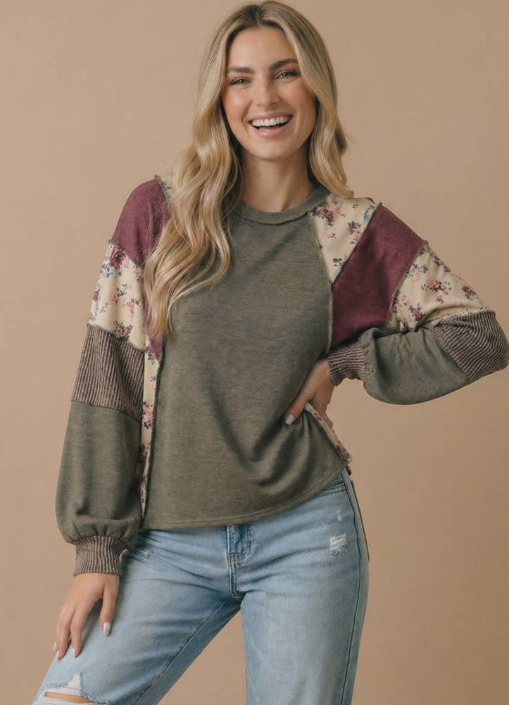 Round Neck Mixed Media Pullover Top FT Patchwork Olive by Haptics