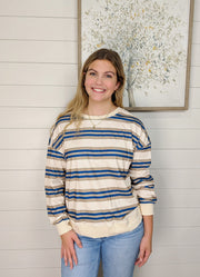 Stripe Crew Neck Drop Shoulder Pullover in Khaki by Lovesoft