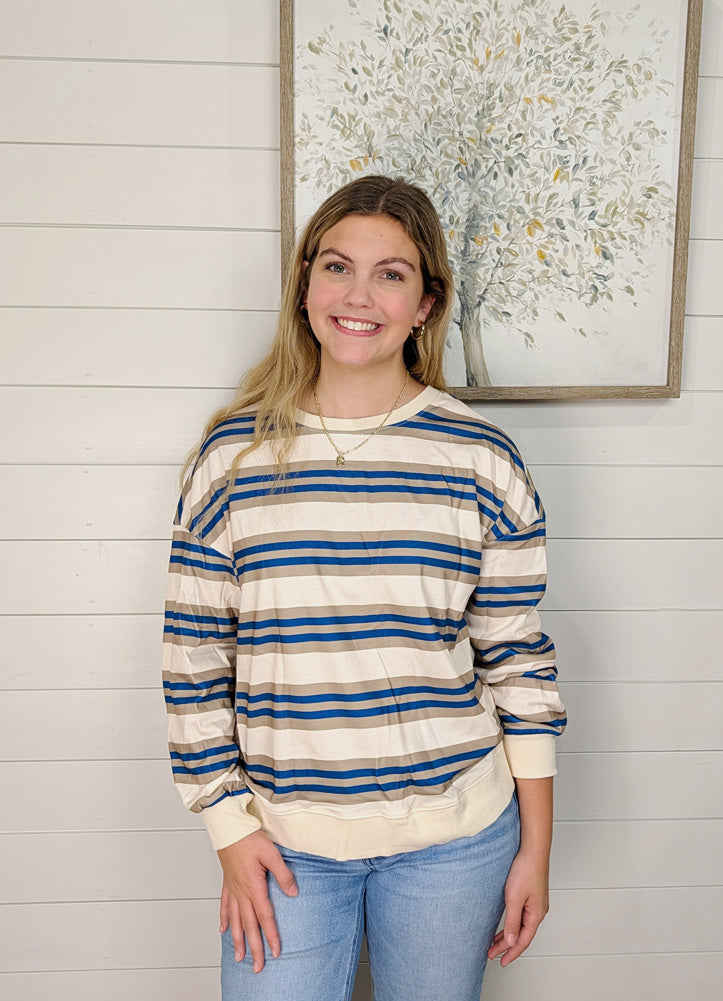 Stripe Crew Neck Drop Shoulder Pullover in Khaki by Lovesoft