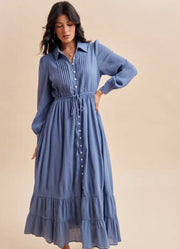 Cotton Button Down Maxi Dress in Blue Dusk by In Loom
