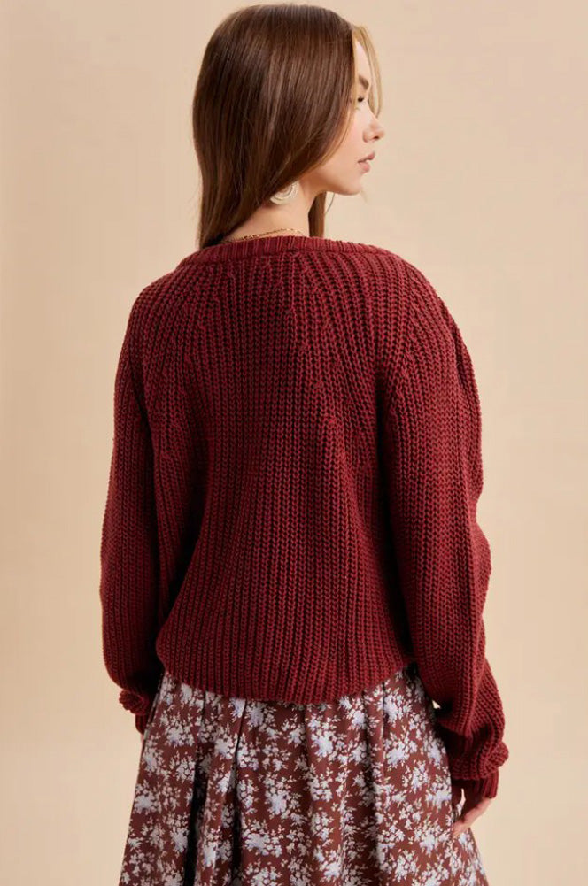 Chunky Knit Raglan Cardigan in Bordeaux by In Loom