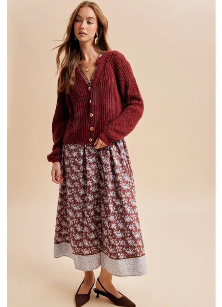 Chunky Knit Raglan Cardigan in Bordeaux by In Loom