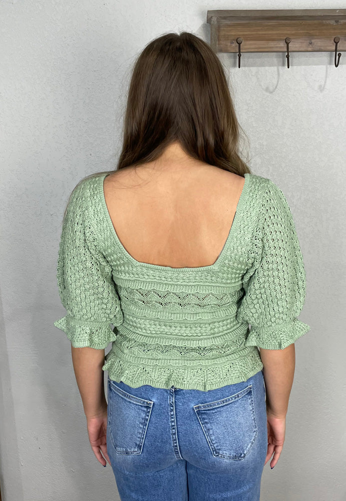 Puff Sleeve Cropped Crochet Top in Sage by BiBi