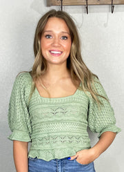 Puff Sleeve Cropped Crochet Top in Sage by BiBi