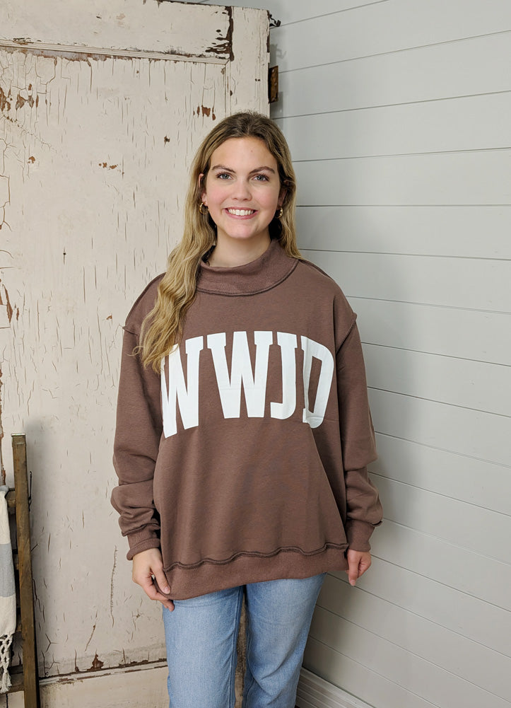WWJD & Amen Reversible Mock Neck Sweatshirt in Brown/Cream by Bucketlist