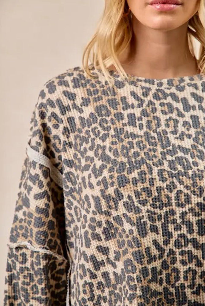 Oversized Waffle Thermal Sweatshirt Leopard by Bibi