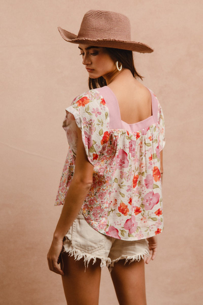 Floral Print Square Neck Top in Blush Combo by BiBi