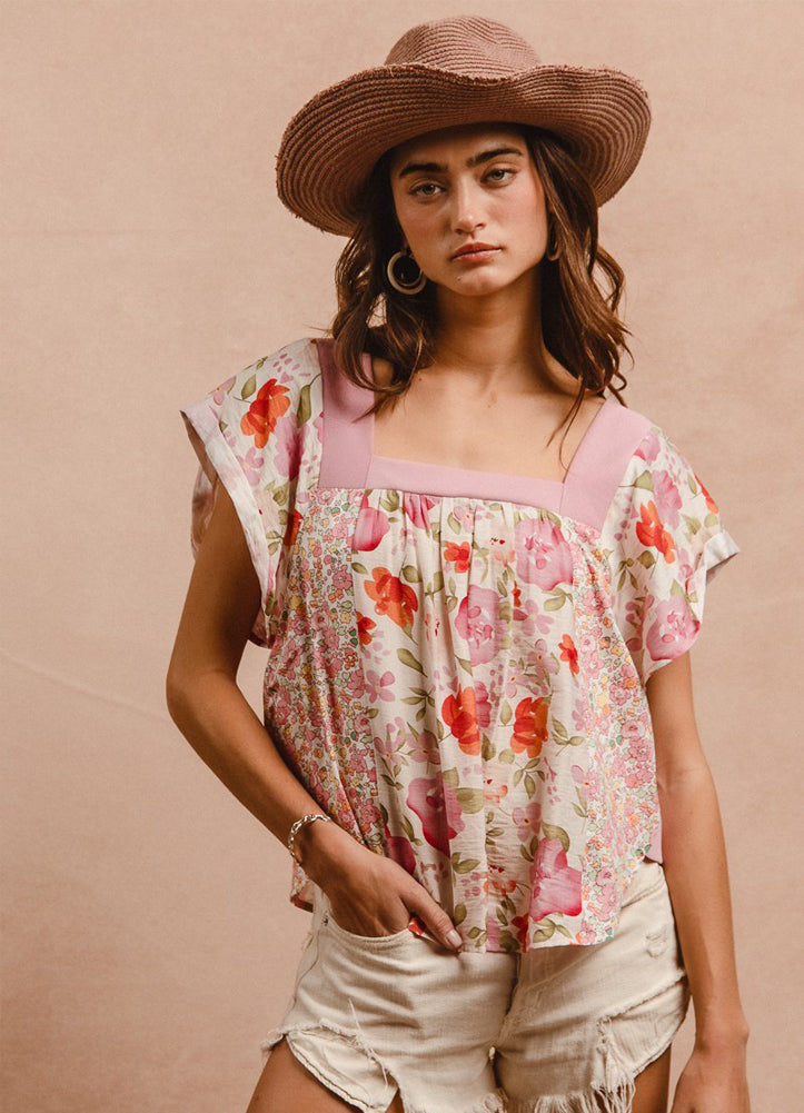 Floral Print Square Neck Top in Blush Combo by BiBi