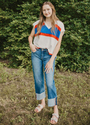 French Terry Color Block V Neck in Ivory/Red/Royal by BiBi
