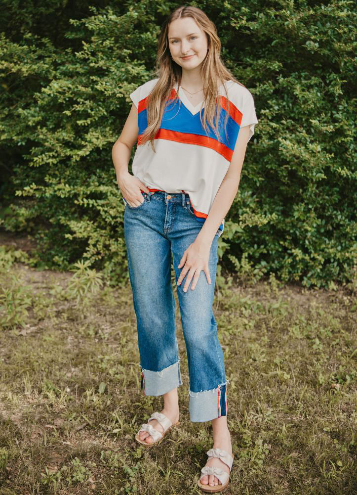 French Terry Color Block V Neck in Ivory/Red/Royal by BiBi