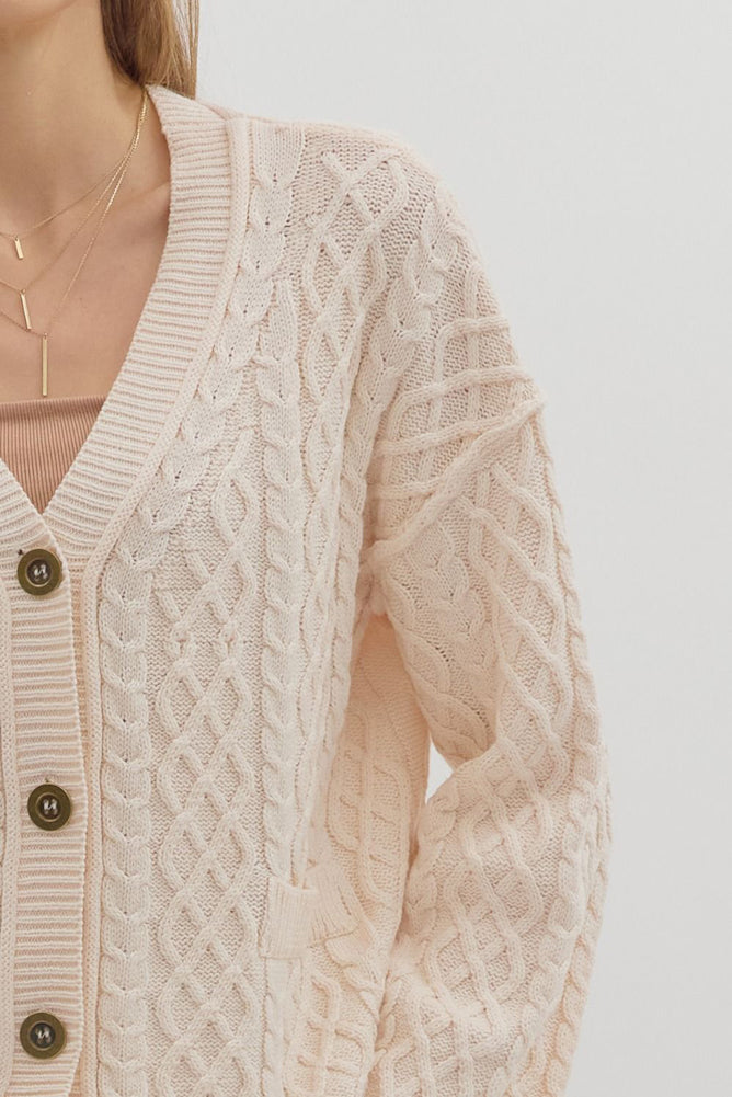 Solid Cropped Cable Knit Cardigan in Ecru by Entro