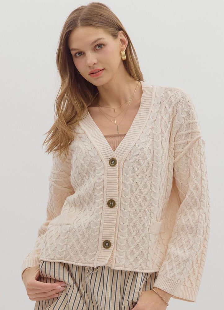 Solid Cropped Cable Knit Cardigan in Ecru by Entro