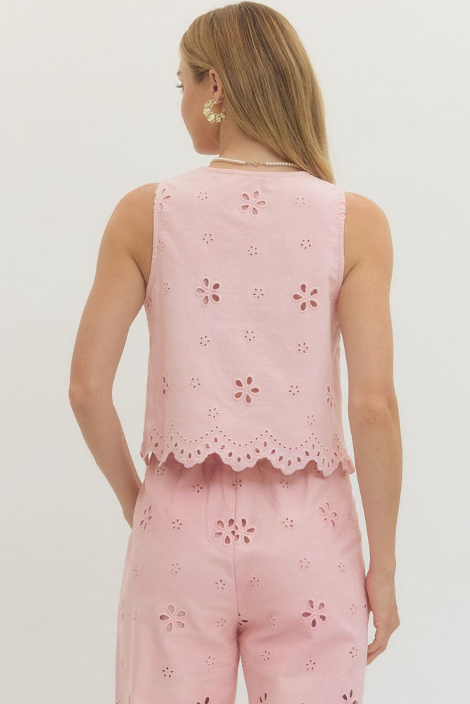 Eyelet Embroidered Sleeveless Crop Top in Light Pink by Entro
