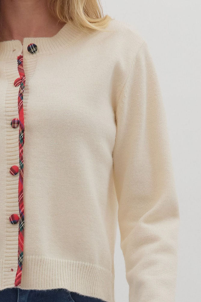 Plaid Trim LS Cardigan in Cream by Entro