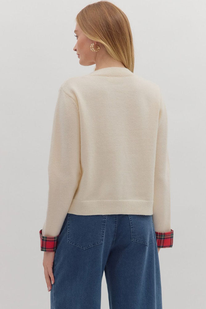 Plaid Trim LS Cardigan in Cream by Entro