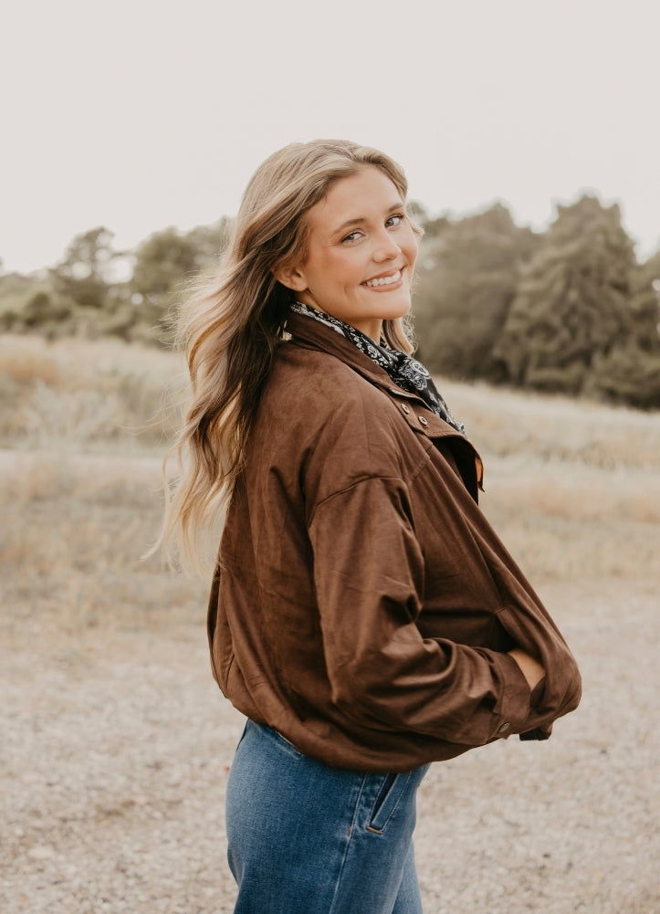 Cropped Bomber Jacket in Brown Suede by Entro Inc
