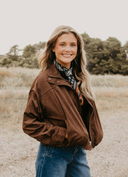 Cropped Bomber Jacket in Brown Suede by Entro Inc