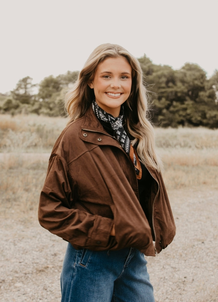 Cropped Bomber Jacket in Brown Suede by Entro Inc