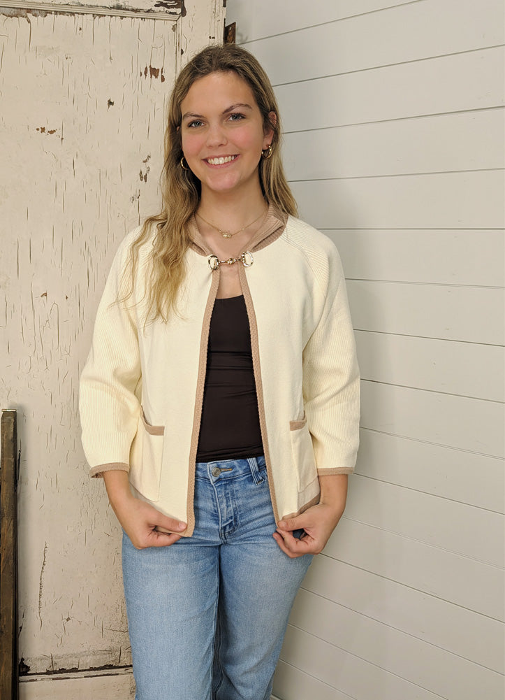 Solid LS Jacket with Contrast Trim and Horsebit Closure in Cream by Entro