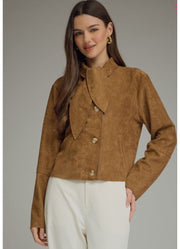 LS Cropped Tie Neck Jacket in Brown by Entro Inc