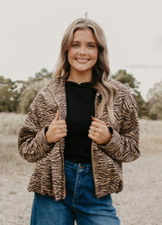 Cropped Animal Print Bomber Jacket in Camel by Entro Inc