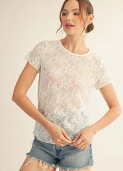 Floral Lace SS Top in White by Jodifl