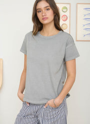 Round Neck SS Exposed Seam Knit Top in Charcoal by Blu Pepper